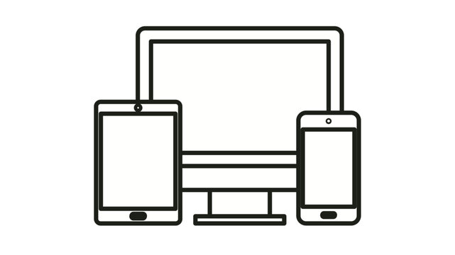 Black vector icon illustration of multiple electronic devices including a desktop computer monitor, a portable tablet, and a mobile smartphone, symbolizing responsive design and technology.
