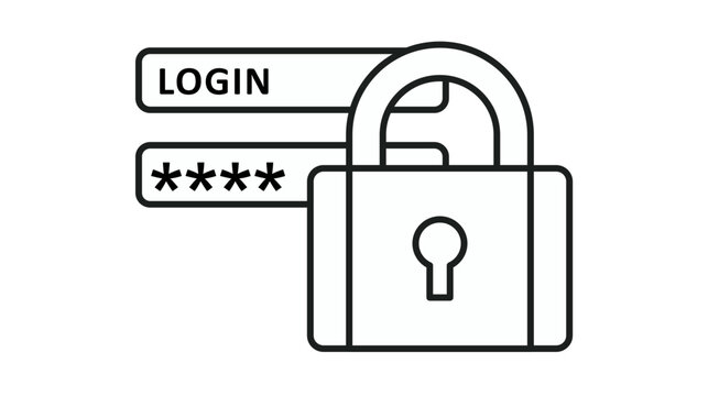 Black vector icon illustration of a secure login interface with a large padlock symbol, representing data privacy, cyber security, and user authentication for websites and mobile applications.