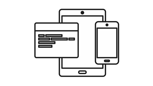 Responsive web design and cross-platform development vector icon illustration featuring a tablet, smartphone, and browser window with code lines, representing mobile-first digital technology.