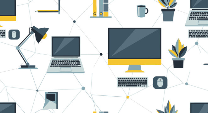 Seamless illustration of office elements connected in a network pattern