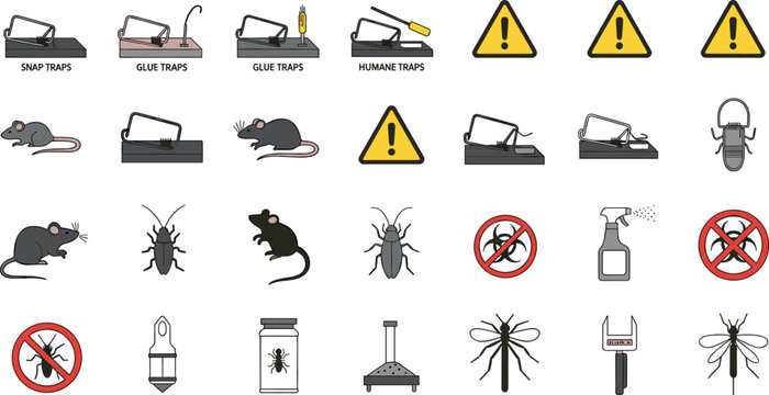 Pest Control Icon Set Featuring Snap, Glue, Humane Traps, Warning Signs, and Insect Control Tools for Home and Commercial Use