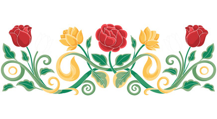 Fototapeta premium Symmetrical floral border featuring red roses and yellow tulips with swirling green vine stems and leaves isolated on a white background