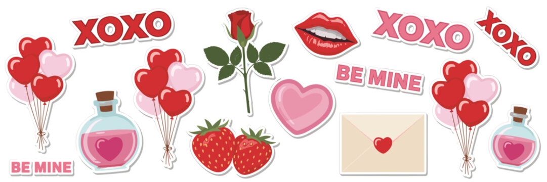 Valentine day sticker set featuring red rose heart balloons pink love potion bottles strawberries lips and a sealed envelope with text labels x o x o and b e m i n e on a white background