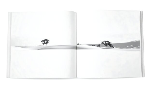 B&W photo of sparse landscape displayed across two pages of an open book