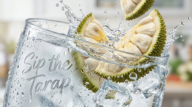 Macro shot of vivid Tarap slices dramatically splashing into crystal clear water with large ice cubes, highly detailed texture of