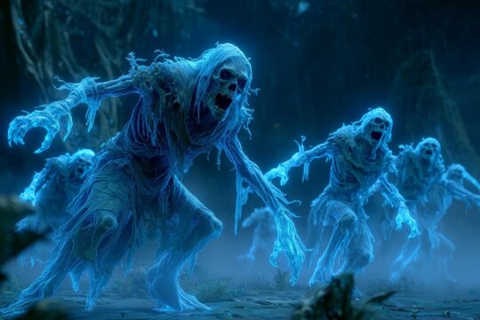 group of glowing blue wraiths in tattered robes at night