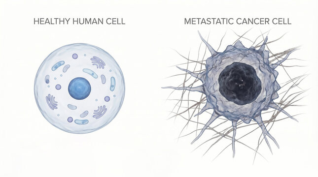 Healthy Human Cell vs Metastatic Cancer Cell 3D Microscopic Comparison