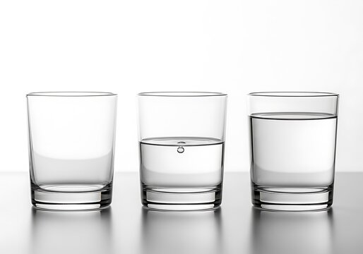 Three transparent glasses filled with different amounts of clear water in a studio setting