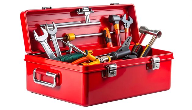 Bright red toolbox, open, filled with an assortment of hand tools on a white background, creating a clean, useful image