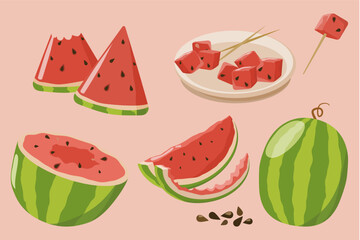 Fototapeta premium A vibrant collection of fresh watermelon pieces including whole fruit, slices, triangles, cubed pieces on a plate and skewer on a soft pink background. Perfect for summer, food, healthy eating, and se