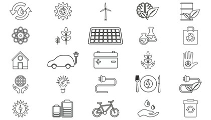 25 Black Vector Icon Set Bundle featuring Minimalist Symbols for Renewable Energy, Ecology, Sustainability, and Science. Includes Solar Power, Recycling, Electric Vehicles, and Green Technology. © Alisha