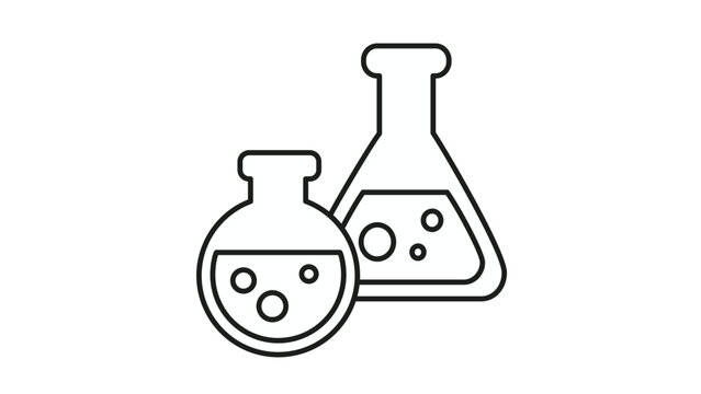 Minimalist black line art vector icon illustration of laboratory glassware featuring an Erlenmeyer flask and a round-bottom flask with bubbling liquid for science, chemistry, and research.