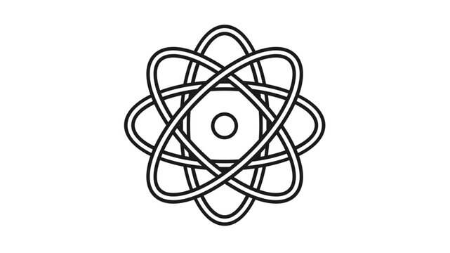 Scientific Atomic Structure Model Graphic. Minimalist Black and White Vector Illustration of an Atom with Central Nucleus and Electron Orbits for Physics and Nuclear Research Media.
