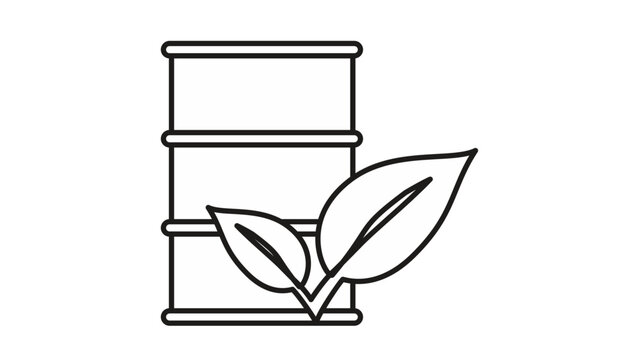 Biofuel and Eco-Friendly Energy Vector Icon Illustration: Black Line Art Symbol of an Oil Barrel with Green Leaves Representing Sustainable Fuel, Renewable Resources, and Environmental Industry.