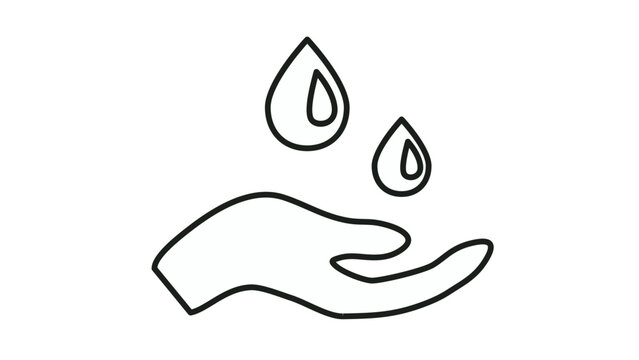 Hand with water drops vector icon. Minimalist black outline illustration of a palm catching liquid droplets, representing hygiene, hand washing, moisturizing, or water conservation symbol.