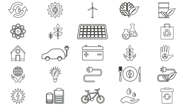 25 Black Vector Icon Set Bundle featuring Minimalist Symbols for Renewable Energy, Ecology, Sustainability, and Science. Includes Solar Power, Recycling, Electric Vehicles, and Green Technology.