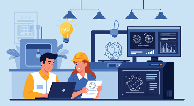 Male and female engineers collaborate in modern 3D printing workshop using laptop and specialized software for product development.