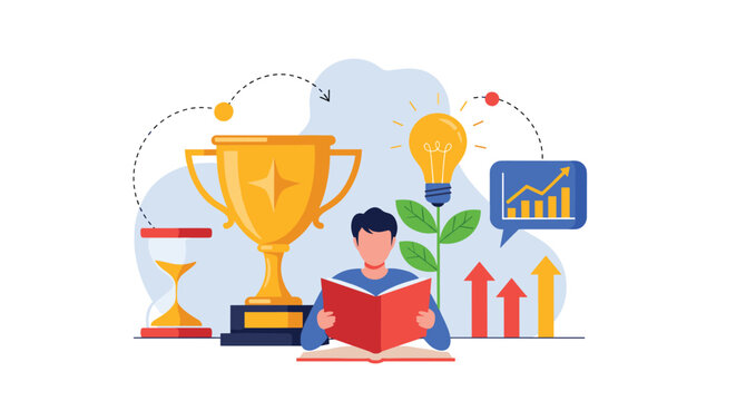 Dedicated individual focuses on reading book amidst symbols of success including trophy and growth charts representing self improvement.