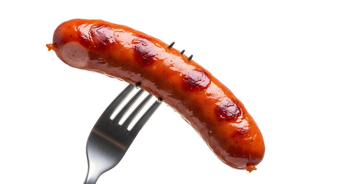 Delicious grilled sausage on a silver fork against a dark background, ready to eat and enjoy. isolated on transparent background
