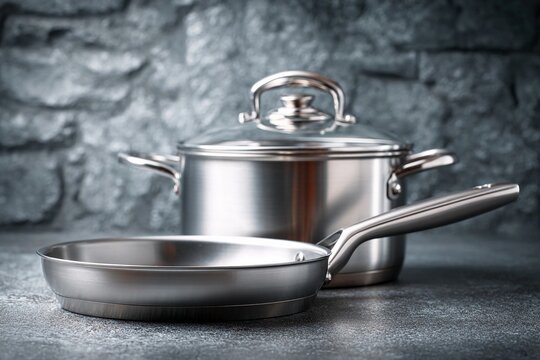 Stainless steel cookware set on kitchen counter with stone wall background
