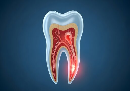 Illustration of a human tooth cross section showing enamel dentin pulp and root canal on blue background