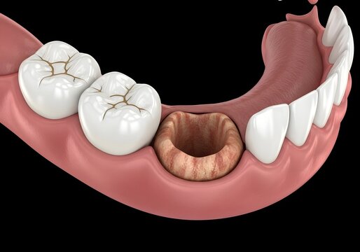 Illustration showing the human jaw with healthy teeth and a missing tooth socket