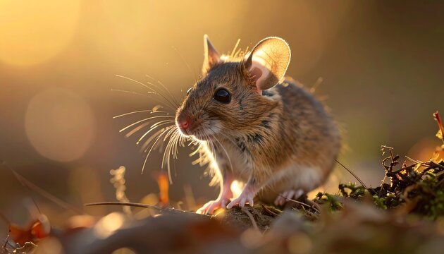 Brown field mouse poses in golden light, surrounded by vegetation, creating a warm, nature-filled atmosphere