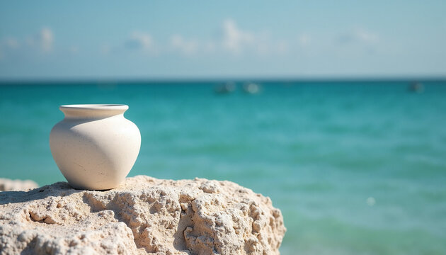 Minimalist vase on rocky pier by turquoise ocean water with gentle waves in background. Decorative vase complements coastal scenery, creating serene vibe for beach or home decor.