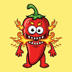 Fototapeta premium Spicy Red Chili Pepper Cartoon Character with Fiery Breath and Angry Expression.