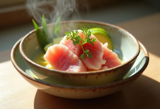Minimalist Ceramic Bowl Featuring Fresh Tuna and Avocado Arrangement Surrounded by Subtle Organic Elements