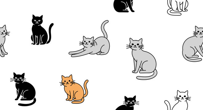 Cartoon cats pattern seamless repeat illustration on white background
