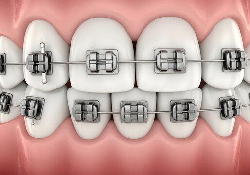 Close up view of teeth with metal braces attached to the upper and lower rows of teeth inside mouth