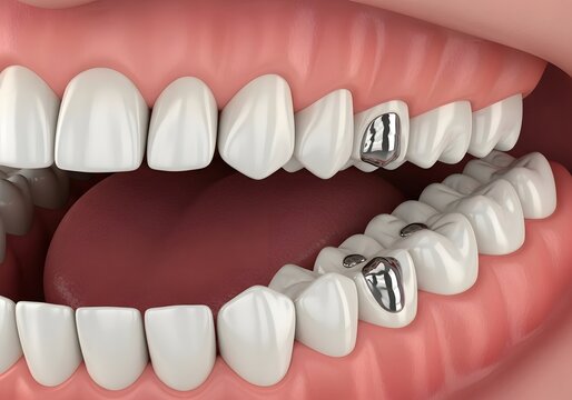 Close up view of teeth with some silver fillings and crowns in an open mouth illustration