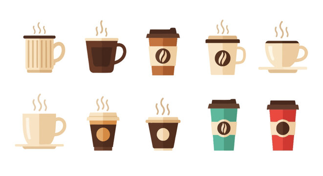 Collection of coffee cups and to go containers with steam isolated