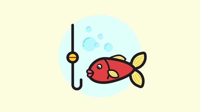 4k footage animation of fishing rod line icon. Fishing animation. FIshing on camp, camping. Catching fish. Motion graphic video template design graphics for web, mobile and ui design.
