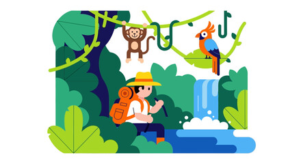 Fototapeta premium Adventurer hiking through lush jungle near waterfall vector illustration