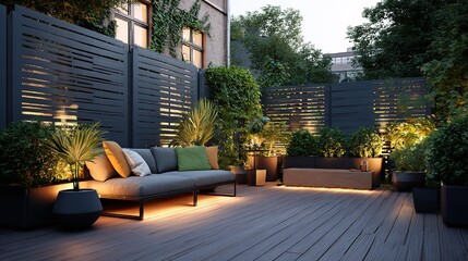 Obraz premium Sunlight bathes a modern garden patio at dusk.