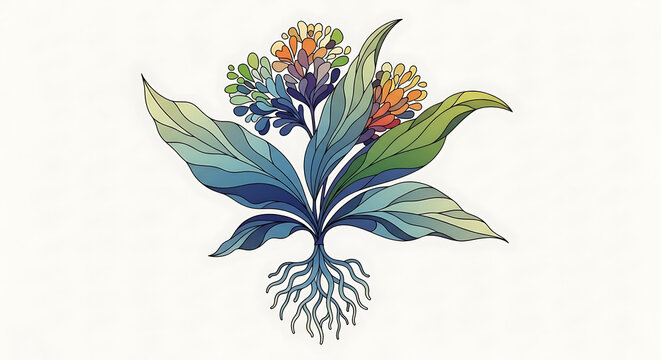 Illustrated botanical depiction of a flowering plant with broad leaves and fibrous roots