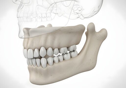 Anatomical rendering showcasing the lower jaw and teeth with a translucent skull overlay above it