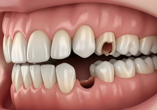 Close up of teeth showing a broken tooth with a hole and missing tooth in the lower jaw area