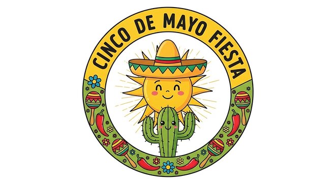 "Cinco de Mayo Fiesta" is written on a circular badge-style vector with sun and cactus components