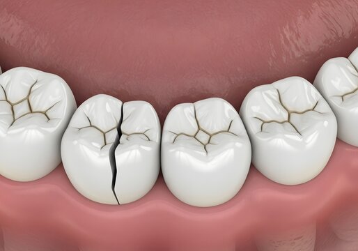 Close up of teeth showing cracks and a large fracture on one tooth in the lower mouth area