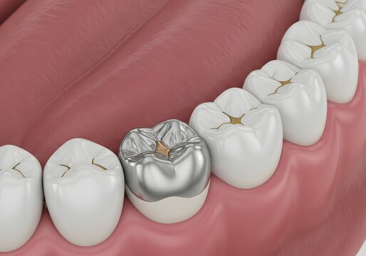 Close up of teeth with one silver filling and some dental fissures in a pink gum background