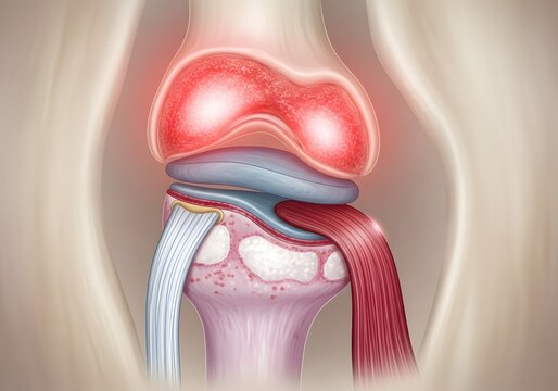 Illustration of a knee joint showing bones ligaments and tendons with red indicating pain area
