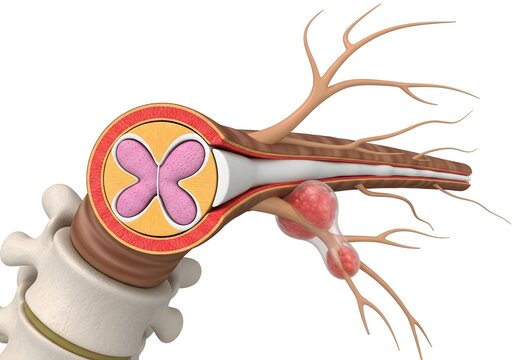 Illustration of a spinal cord section with nerves and ganglia view anatomy