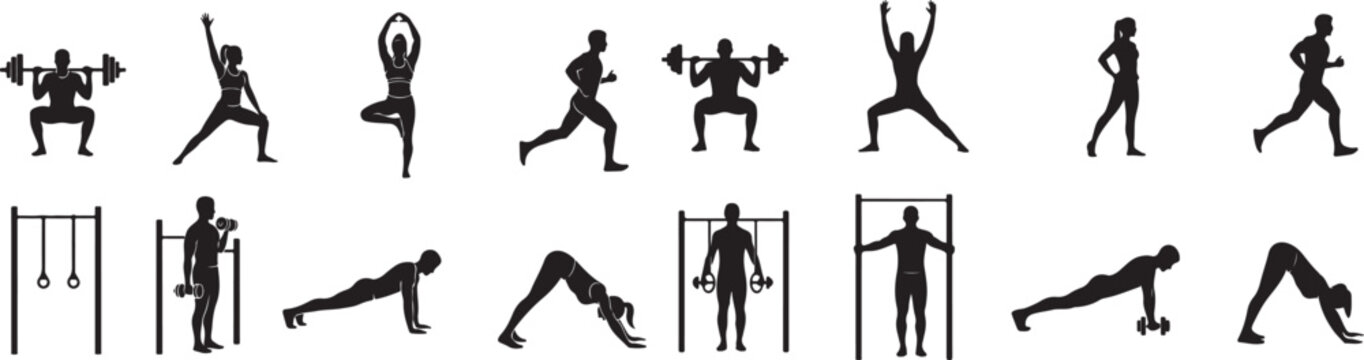 Yoga, fitness, exercise icons, 16 silhouette graphics, vector illustrations, black on white