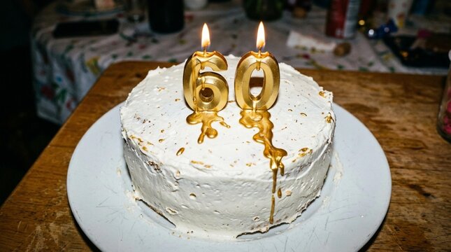 Birthday cake with white frosting topped with golden number 60 candles, placed on a round white plate on a wooden table with festive decorations in the background