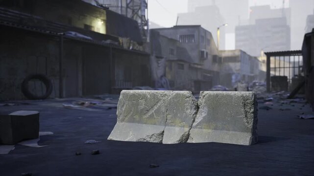 A large concrete barrier sits prominently on a deserted street, surrounded by scattered debris and rundown buildings. The atmosphere is bleak and urban, hinting at neglect.