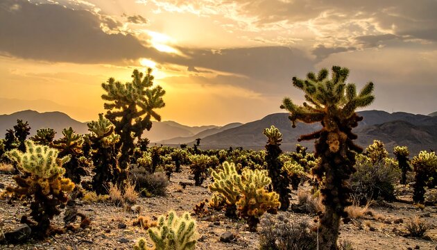 Cacti dot a desert landscape under a sky ablaze with golden light peeking through the cloudy expanse