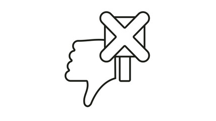 Minimalist black line art vector icon of a thumbs down hand gesture combined with a square protest sign featuring a large cross mark, symbolizing disapproval, rejection, and negative feedback. © MohammadMasudurRah